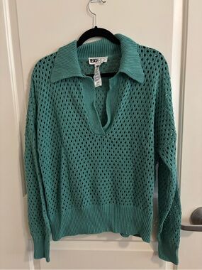 Beach Riot Teal Open-Knit V-Neck Collared Sweater